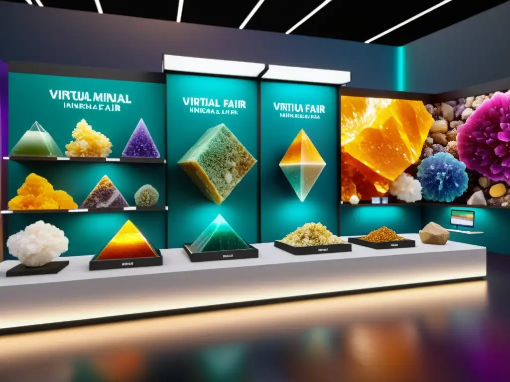 Vista envolvente de feria virtual de minerales con variedad de especímenes coloridos y detallados