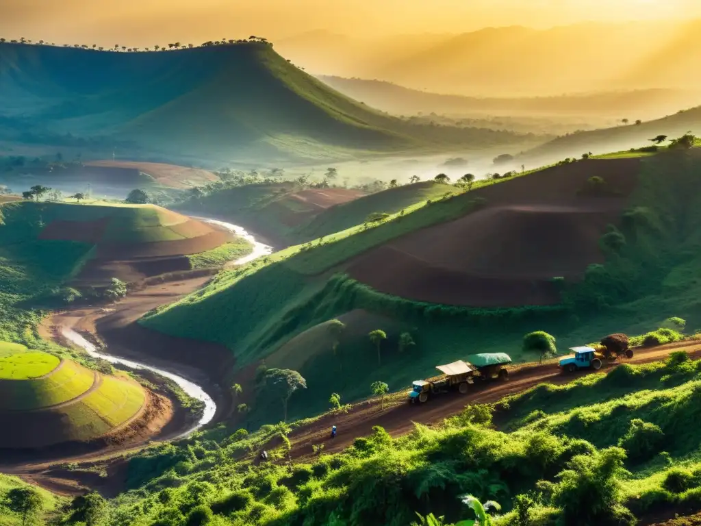 Vista impactante de las colinas del Congo, mineros laborando en las minas de coltán