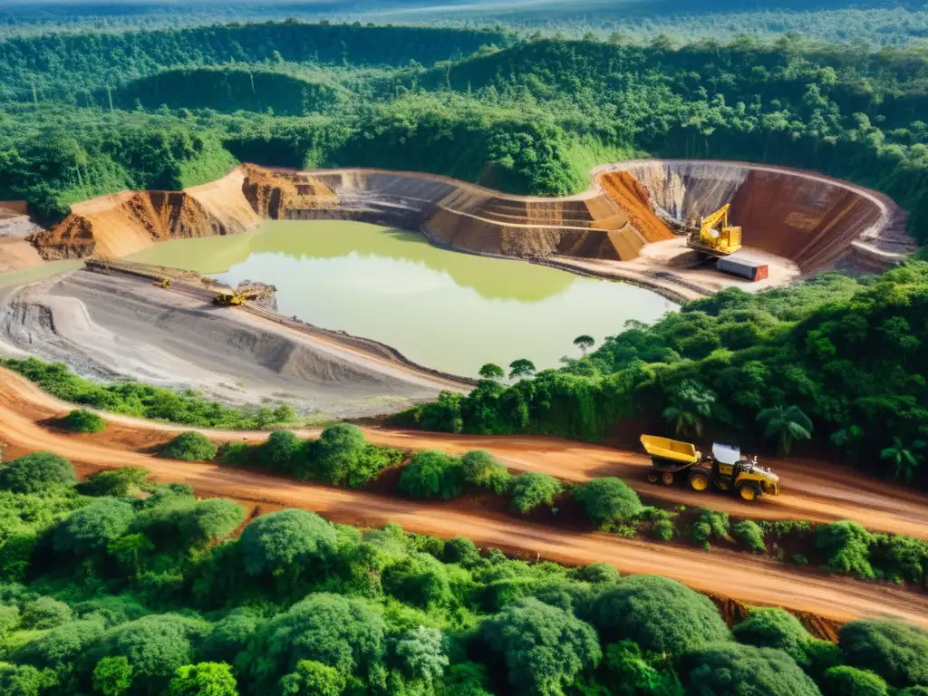 Vista impactante de una mina a cielo abierto en medio de exuberante selva, resaltando el impacto ambiental de la minería en ecosistemas locales