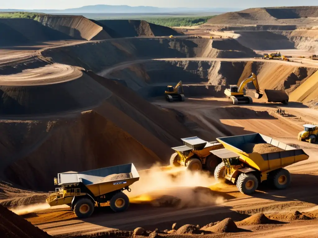 Vista impactante de una operación minera en pleno auge, con maquinaria pesada, trabajadores y minerales crudos