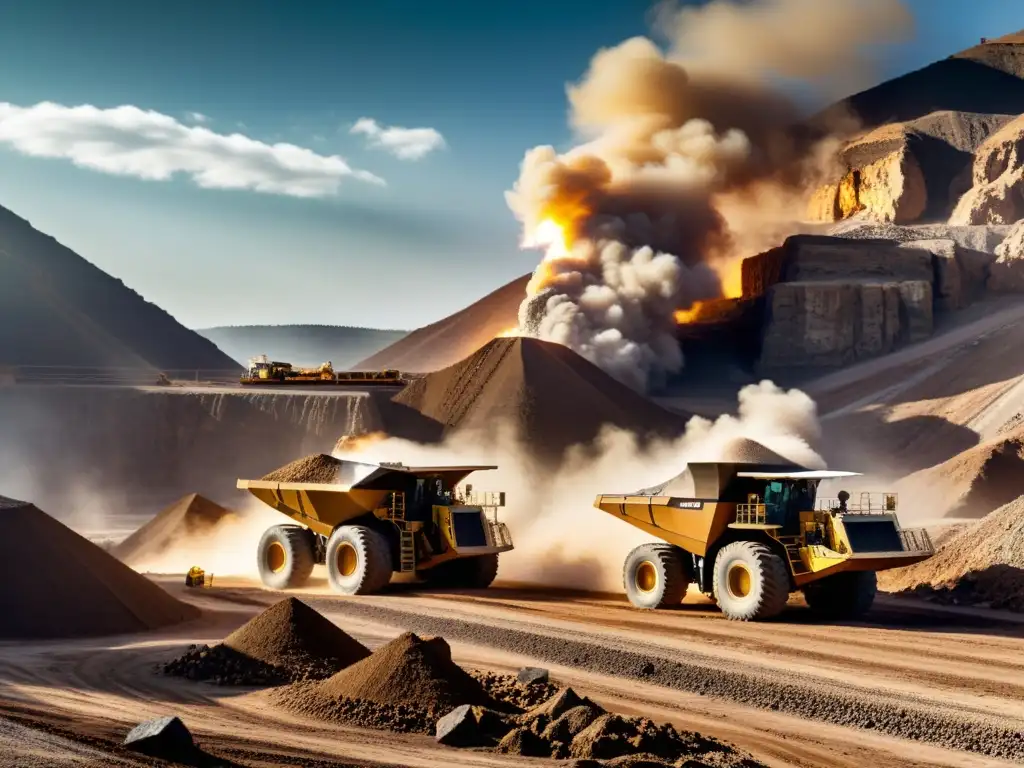 Vista impactante de una operación minera en pleno auge, con trabajadores manejando maquinaria pesada y procesando minerales en un entorno industrial