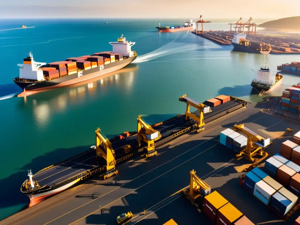 Vista impresionante de un bullicioso puerto con exportación de minerales en mercados emergentes, destacando la actividad y escala de las operaciones