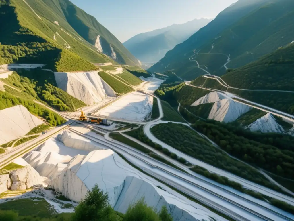 Vista impresionante de las canteras de mármol de Carrara en Italia, con trabajadores y maquinaria, bañadas por la suave luz de la mañana