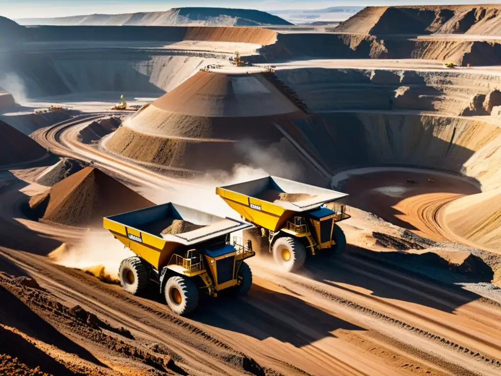 Vista impresionante de una mina a cielo abierto con maquinaria pesada y trabajadores, destacando la escala industrial de la extracción de minerales