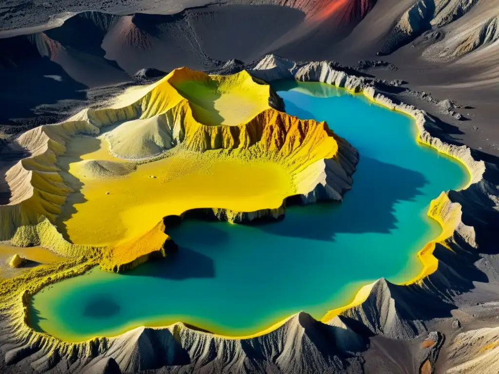 Vista impresionante de paisaje volcánico con depósitos de azufre, destacando las interacciones minerales en el ciclo del azufre