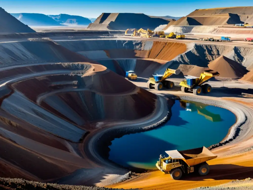 Vista impresionante de procesos y logística en la industria mineral, con maquinaria pesada operando en las montañas