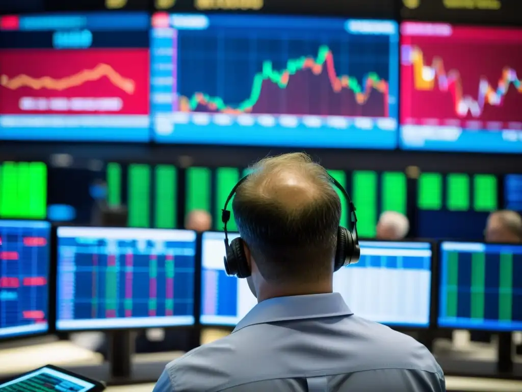 Vista intensa de la sala de operaciones del mercado de minerales, con traders monitoreando pantallas y calculando en un ambiente de alta tensión