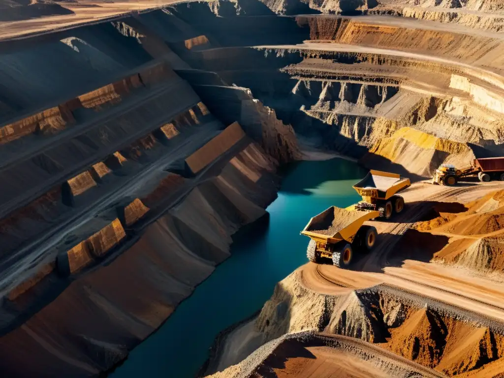 A vista de pájaro de una gran mina a cielo abierto con camiones y maquinaria minera operando, rodeada de terreno abrupto y una iluminación dramática, mostrando la escala e impacto de las operaciones mineras en el paisaje con tecnologías emergentes en minería