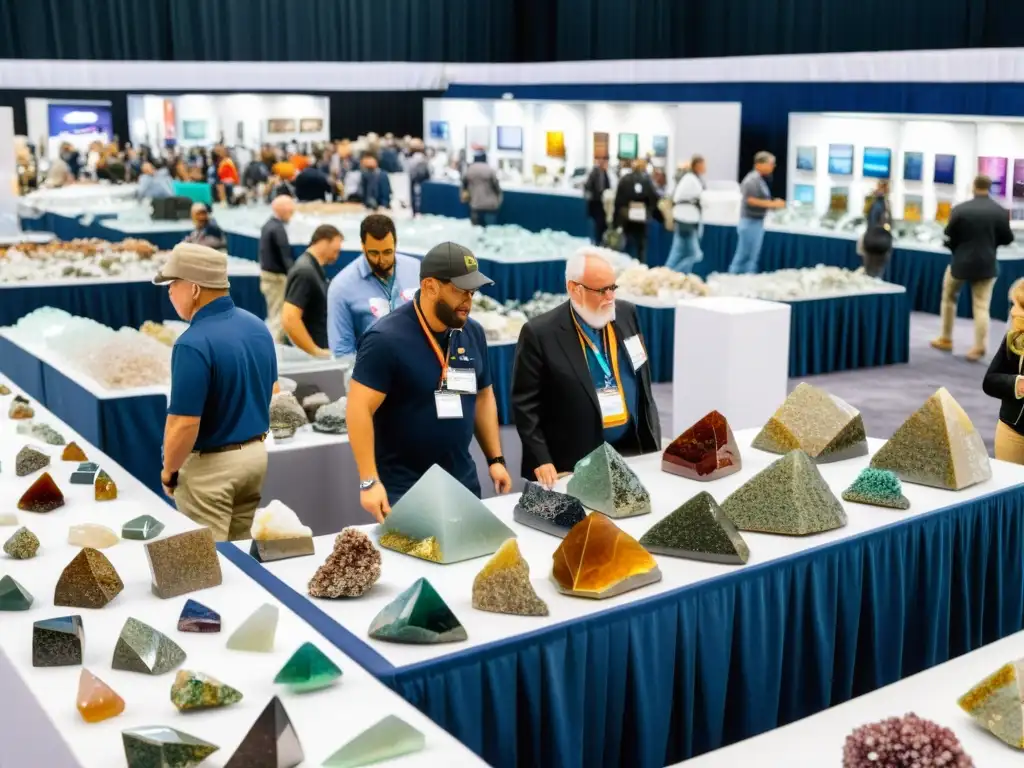 Vista panorámica del bullicioso mercado norteamericano de ferias minerales con vibrantes colecciones de rocas, cristales y minerales expuestos