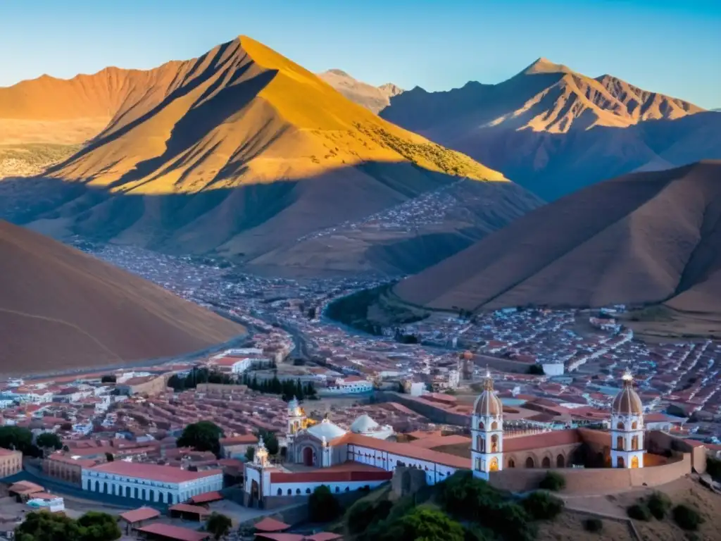 Vista panorámica de Potosí con el Cerro Rico al fondo, resaltando la arquitectura colonial y los mineros de Plata de Potosí en el Virreinato