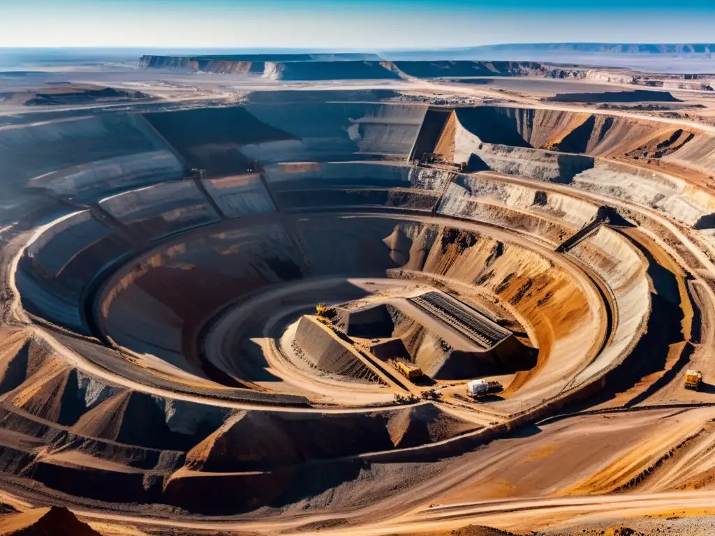 Vista panorámica de equipos gigantes minería cielo abierto, transmitiendo la inmensidad y energía de la operación minera