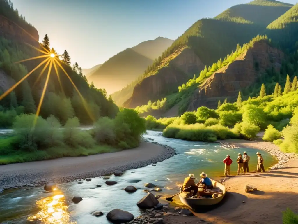 Vista panorámica de la fiebre del oro: buscadores de oro junto al río, bañados por la cálida luz del atardecer entre montañas y exuberante vegetación