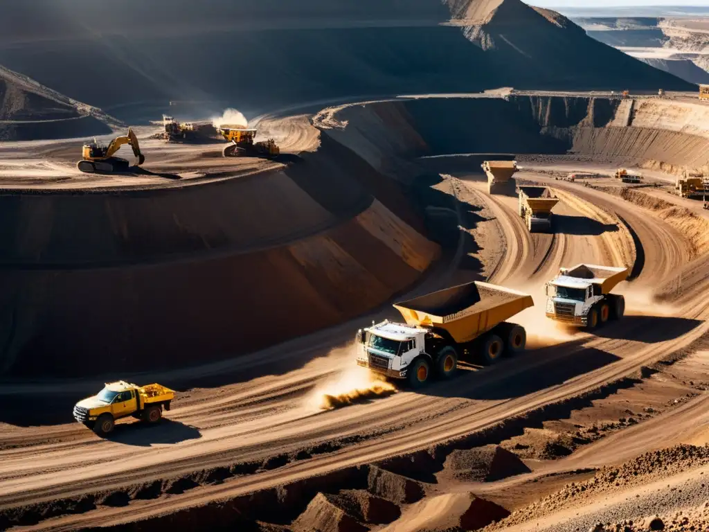 Vista panorámica de una gran mina a cielo abierto, con camiones industriales y maquinaria excavando y transportando minerales