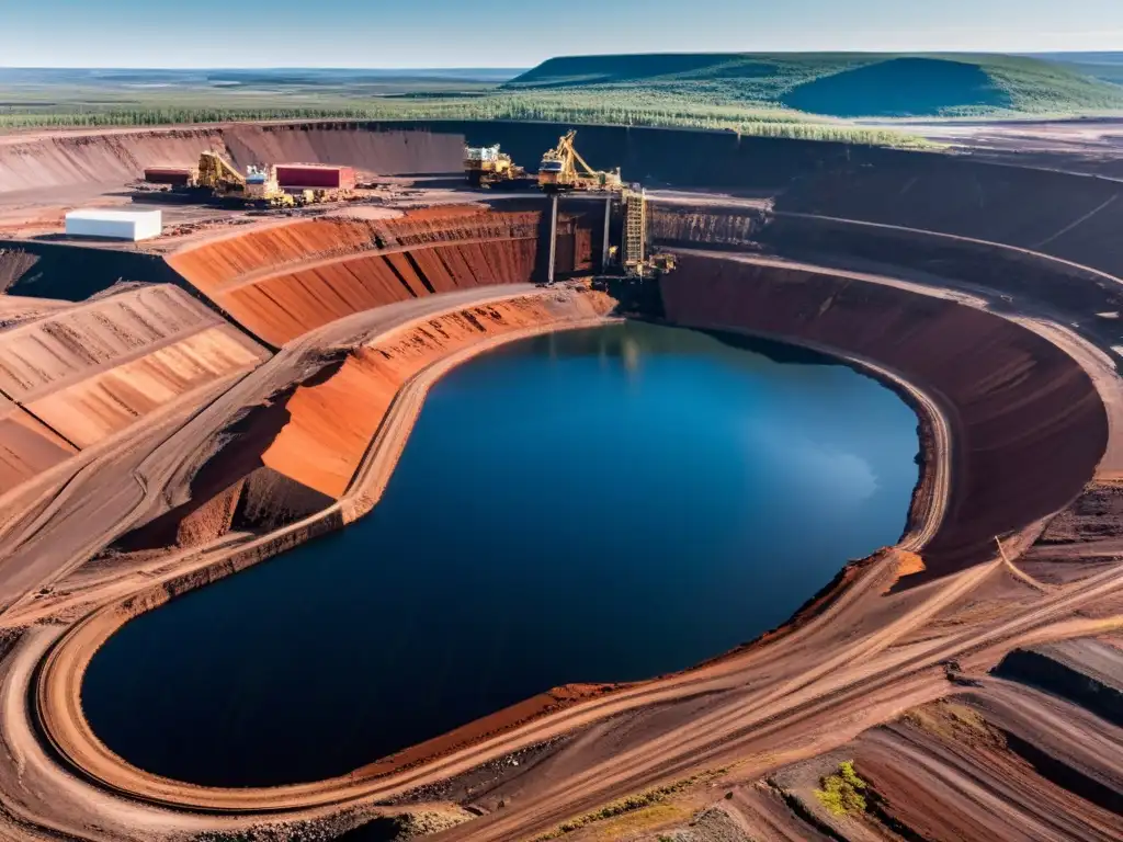 Vista panorámica de la extracción de hierro en Kiruna, Suecia, con maquinaria minera masiva y camiones en primer plano, revelando la impresionante escala de la operación minera y su impacto en el paisaje circundante, bañada en la suave luz del norte