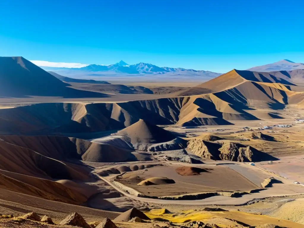 Vista panorámica de las impactantes Minas de Plata de Potosí, donde el terreno rocoso y los mineros destacan en la vastedad del paisaje