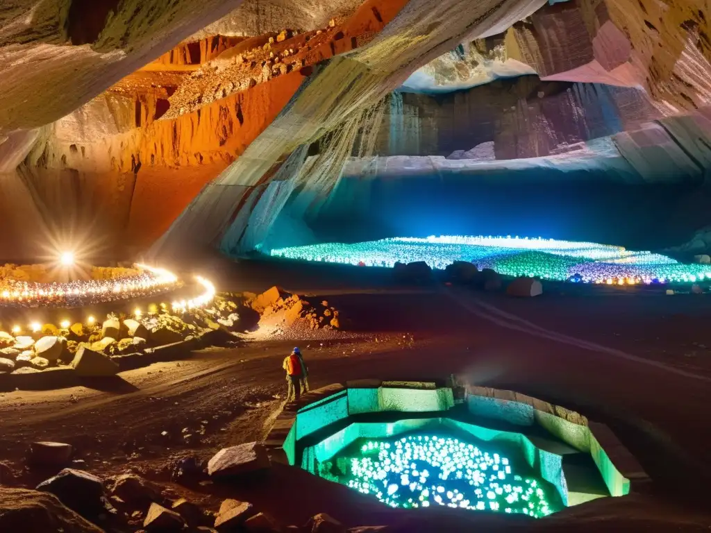 Vista panorámica impresionante de una mina de gemas profunda y cavernosa, con paredes brillantes y coloridas