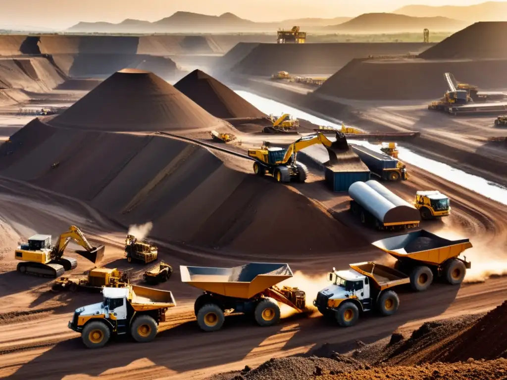 Minería en acción: paisajes industriales y naturales Vista panorámica de una mina activa, con maquinaria pesada, camiones transportando mineral y estructuras industriales
