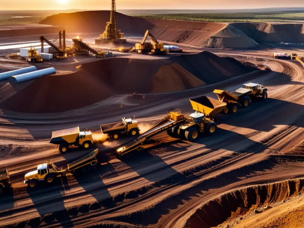 Vista panorámica de una mina al atardecer, maquinaria industrial y camiones en primer plano, con una vasta y agreste paisaje al fondo