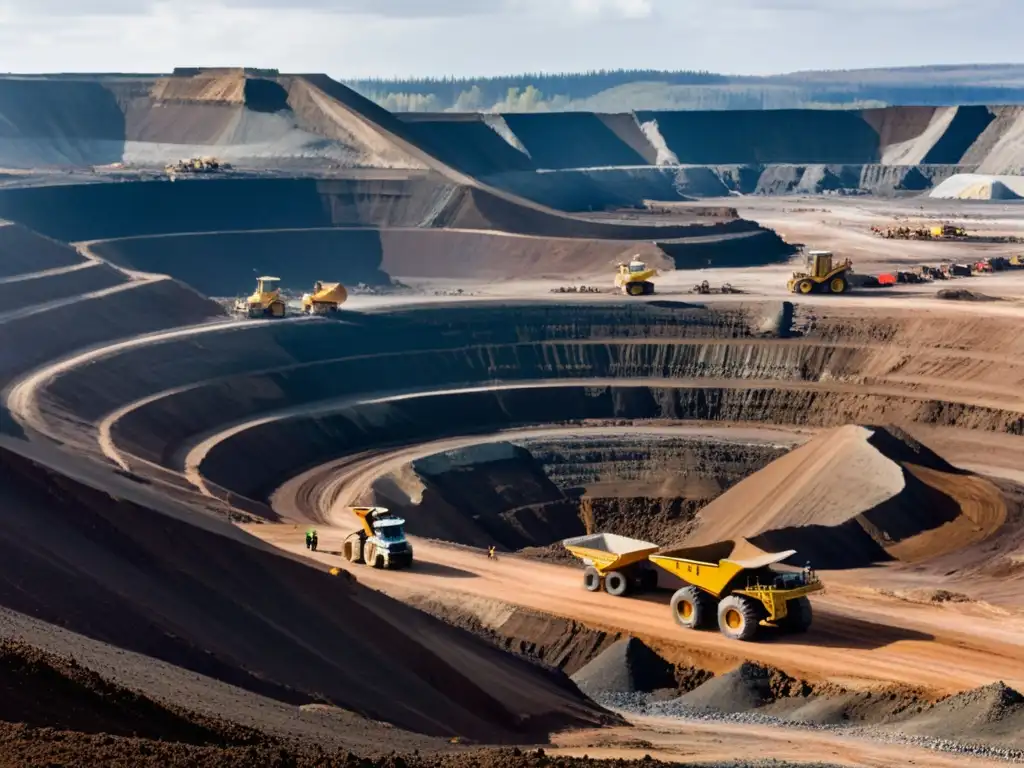 Vista panorámica de una mina a cielo abierto, maquinaria masiva y trabajadores en el fondo