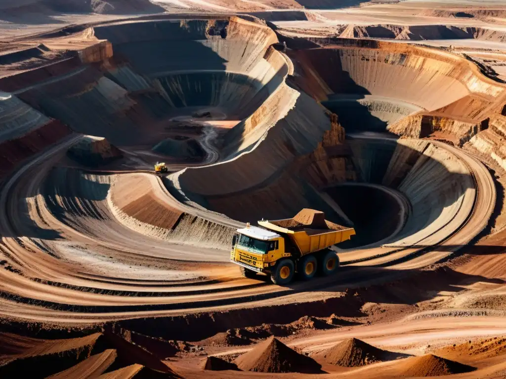 Vista panorámica de una mina a cielo abierto, con maquinaria masiva y camiones, mostrando el impacto ambiental de la extracción de piedras preciosas