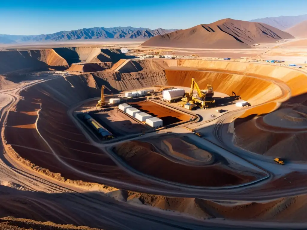 Vista panorámica de la mina de cobre Chuquicamata, capital del cobre, con maquinaria pesada y trabajadores en un entorno montañoso impresionante