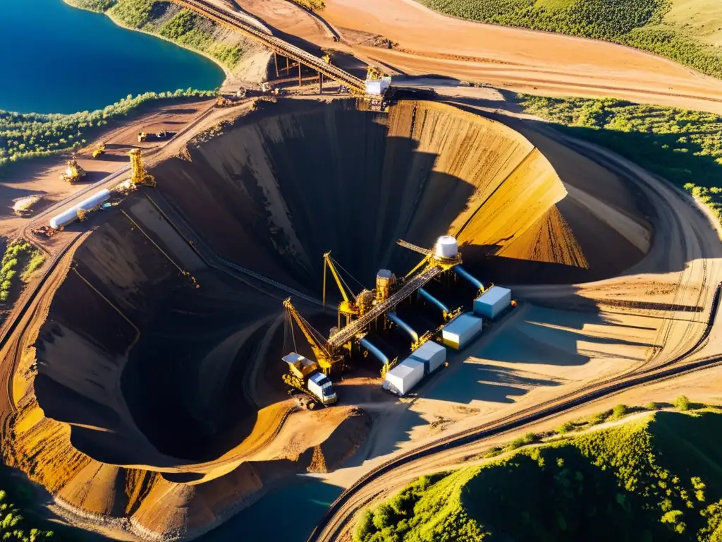 Vista panorámica de una operación minera moderna con tecnologías emergentes en minería, maquinaria masiva y paisaje natural diverso