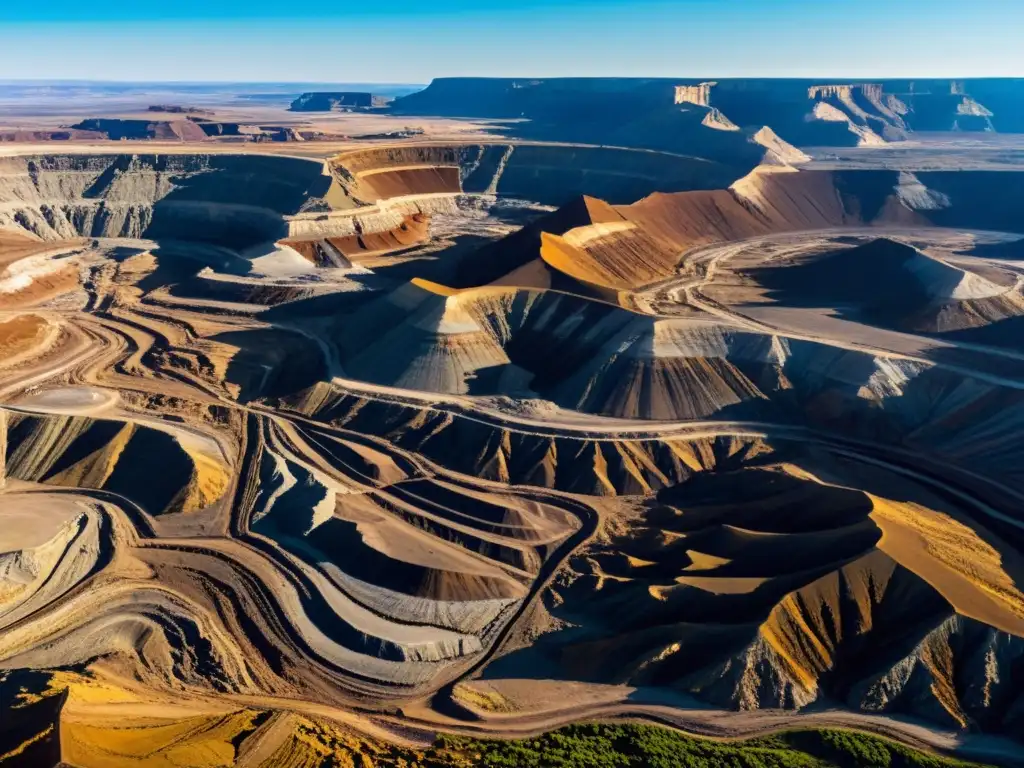 Vista panorámica de un paisaje vasto y agreste marcado por minas a cielo abierto y maquinaria pesada