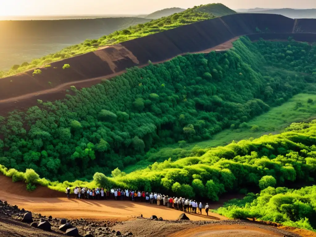 Una vista panorámica de un sitio minero rehabilitado, con exuberante vegetación cubriendo el paisaje antes árido, resaltando la transformación de industrial a belleza natural