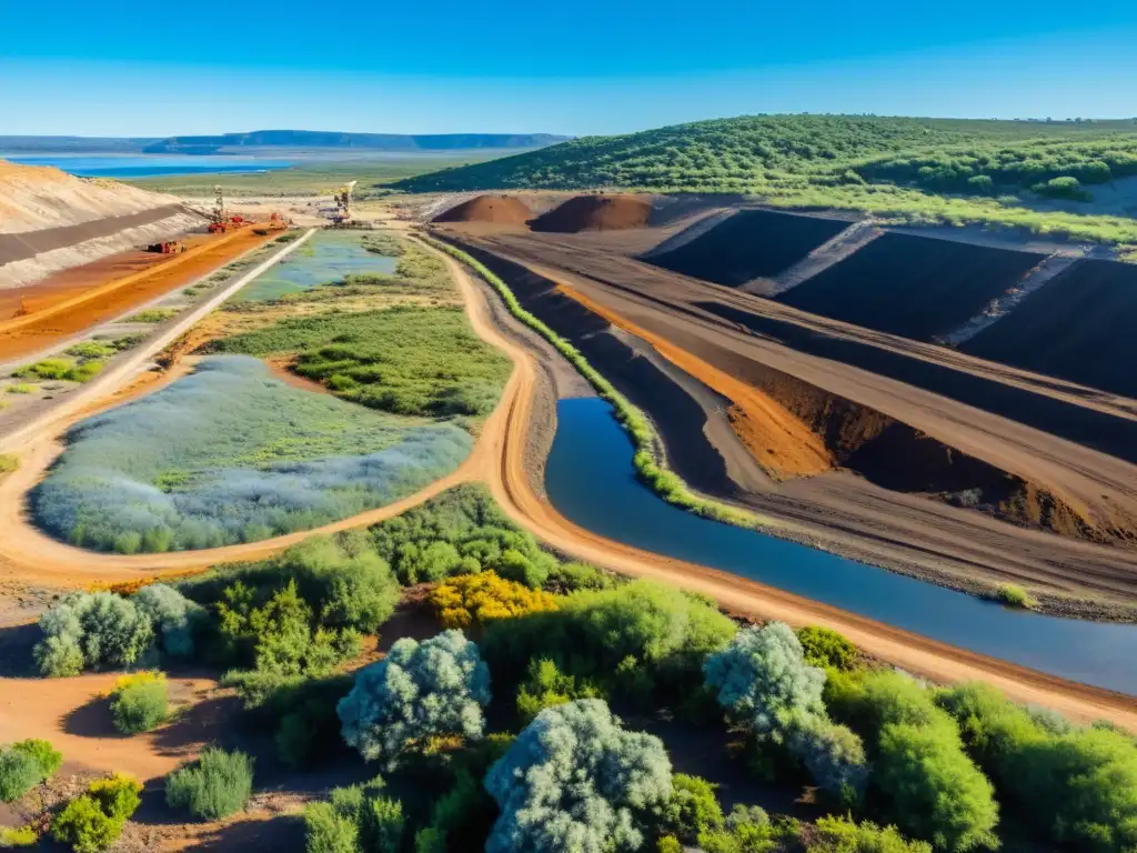 Una vista panorámica de un sitio minero rehabilitado, mostrando la transformación de un paisaje dañado a un ecosistema próspero