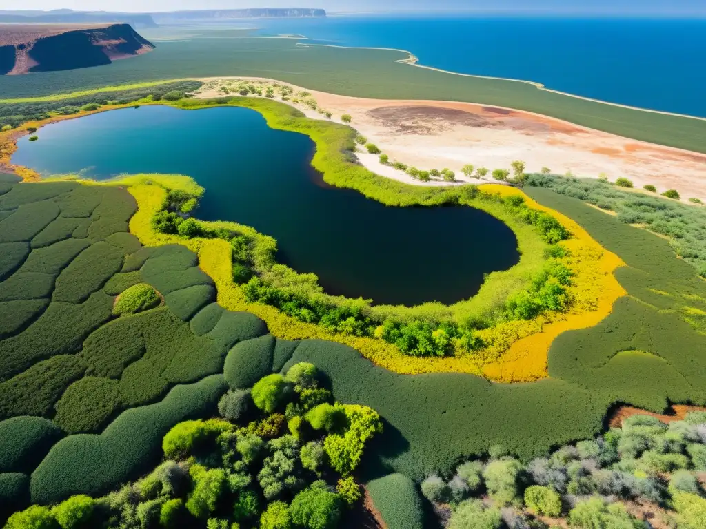 Vista panorámica de terrenos postminería transformados por técnicas restauración, con exuberante flora y fauna en armonía