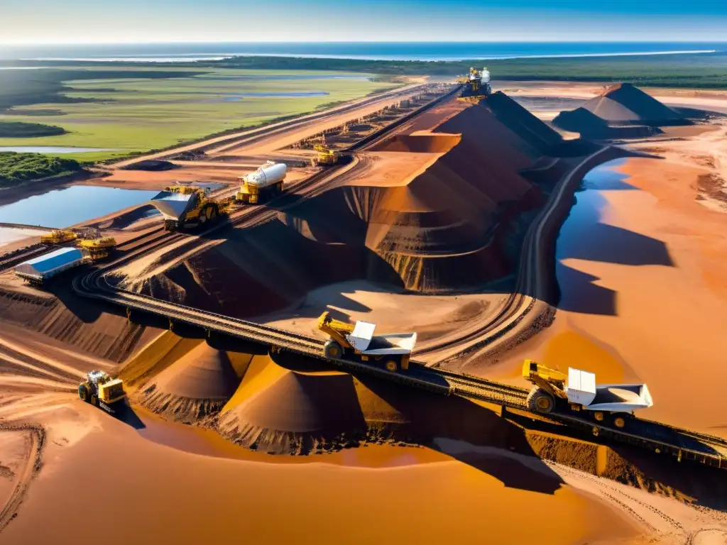 Vista panorámica de yacimiento de arenas minerales de titanio en Richards Bay, Sudáfrica, con maquinaria masiva y trabajadores