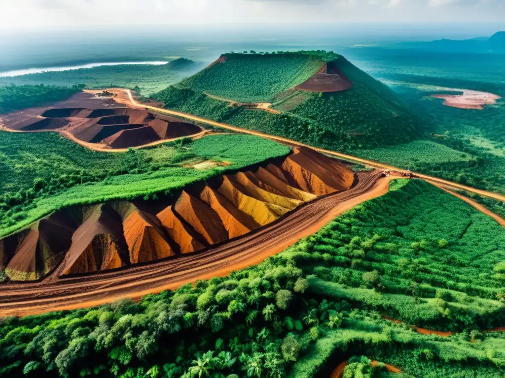 Vista panorámica del yacimiento de hierro Simandou en Guinea, con su terreno agreste, exuberante vegetación y compleja infraestructura minera