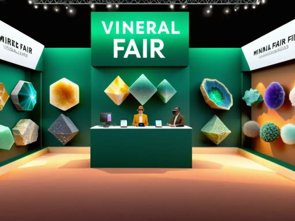 Vista realista de una feria virtual de minerales con exhibidores y asistentes participando en presentaciones interactivas