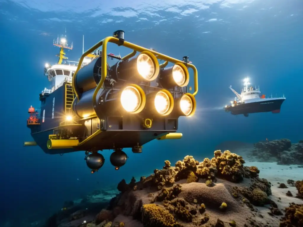 Vista submarina de minería en aguas profundas ambiental, con vida marina única y maquinaria industrial iluminada en el oscuro lecho marino