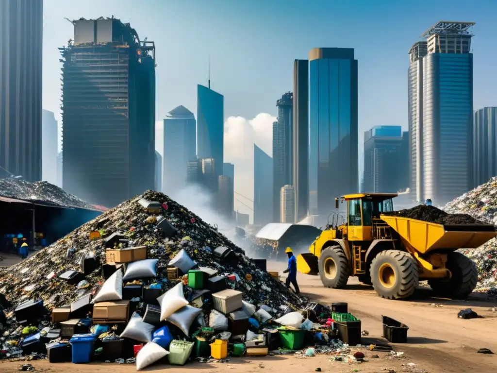 Vista urbana con rascacielos y trabajadores en la minería urbana, resaltando la relación entre desarrollo urbano y sostenibilidad ambiental