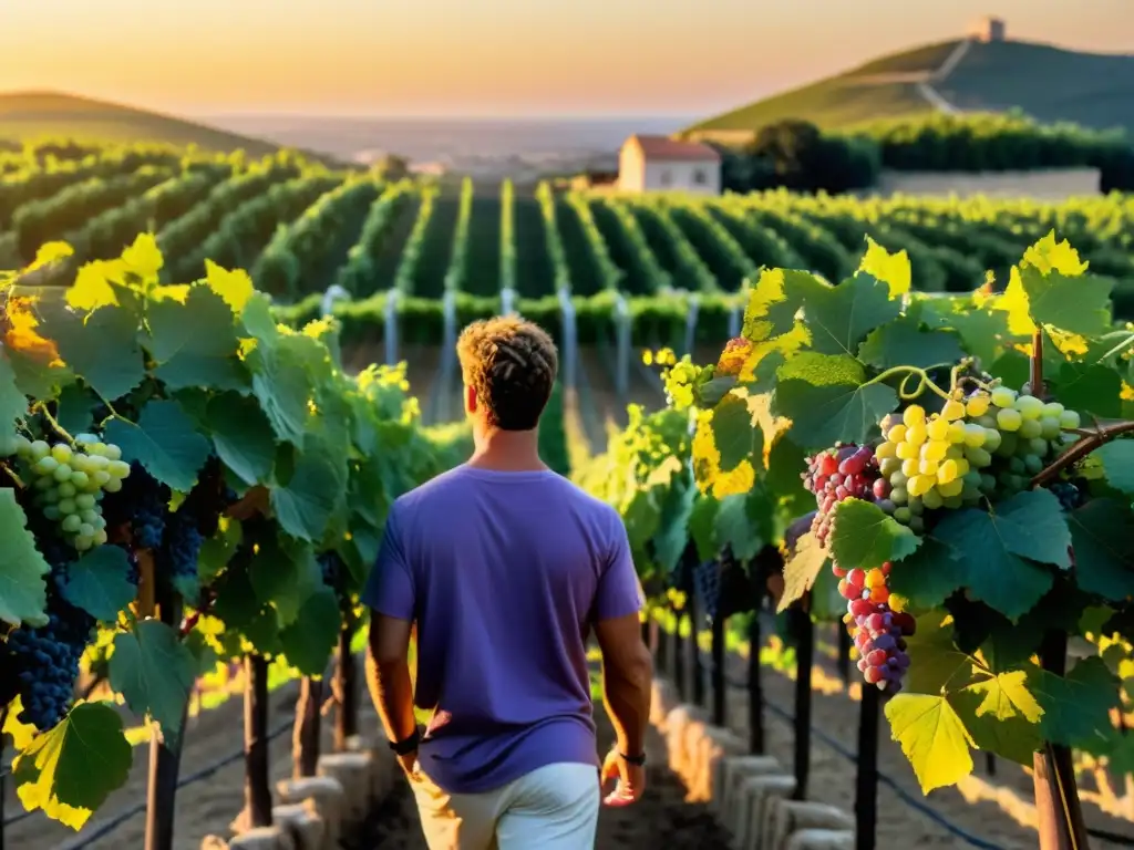 Vista de un viñedo exuberante al atardecer con uvas púrpuras, y una figura similar a Dionisio rodeada de festejantes