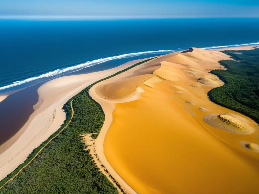 Yacimiento de arenas minerales de titanio en Richards Bay, Sudáfrica: paisaje dorado de dunas y maquinaria minera junto al Océano Índico