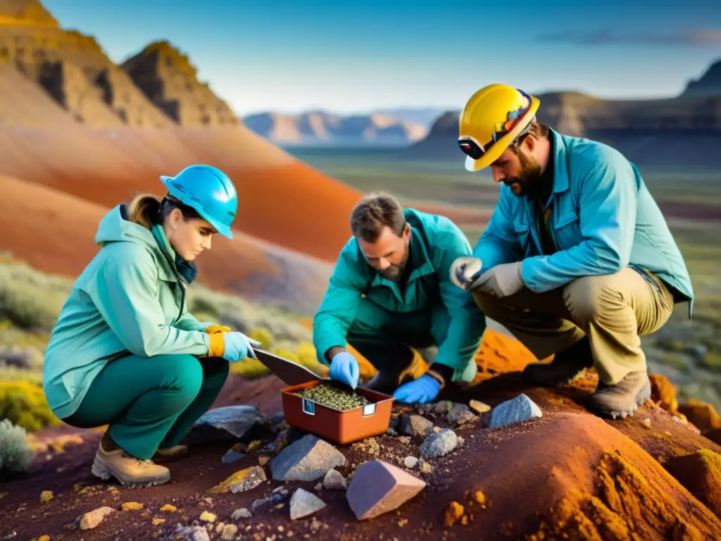 Geólogos examinando yacimientos minerales raros en un paisaje remoto