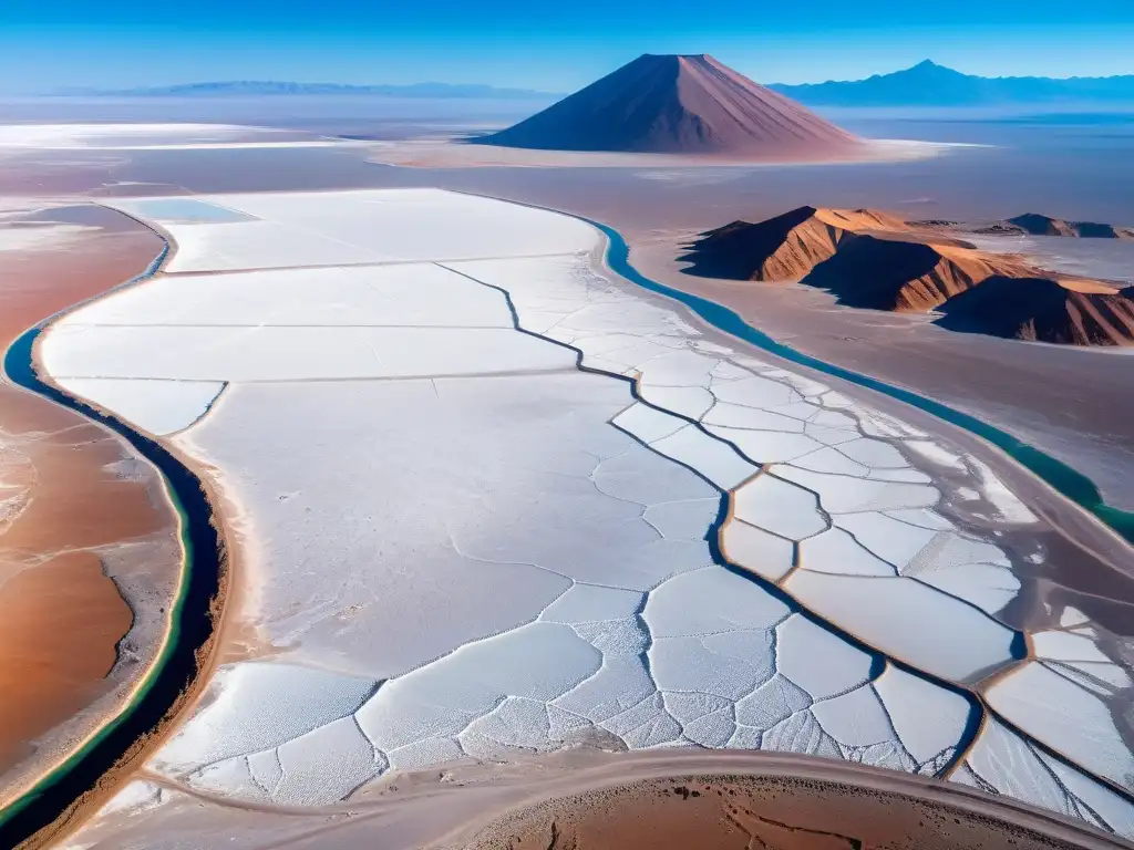 Yacimientos de nitratos en el Desierto de Atacama: Fotografía aérea de alta resolución que muestra la vastedad de las salinas y formaciones geológicas en contraste con el cielo azul