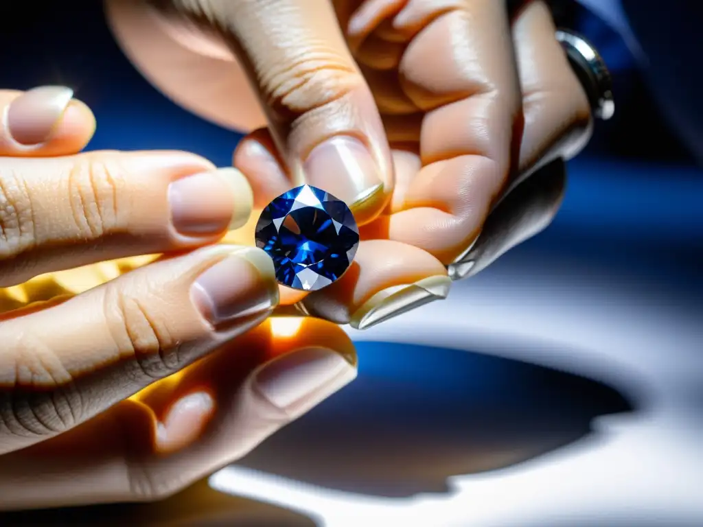 Examen detallado de zafiro azul: brillo y precisión Un zafiro azul profundo examinado por un gemólogo bajo luz brillante